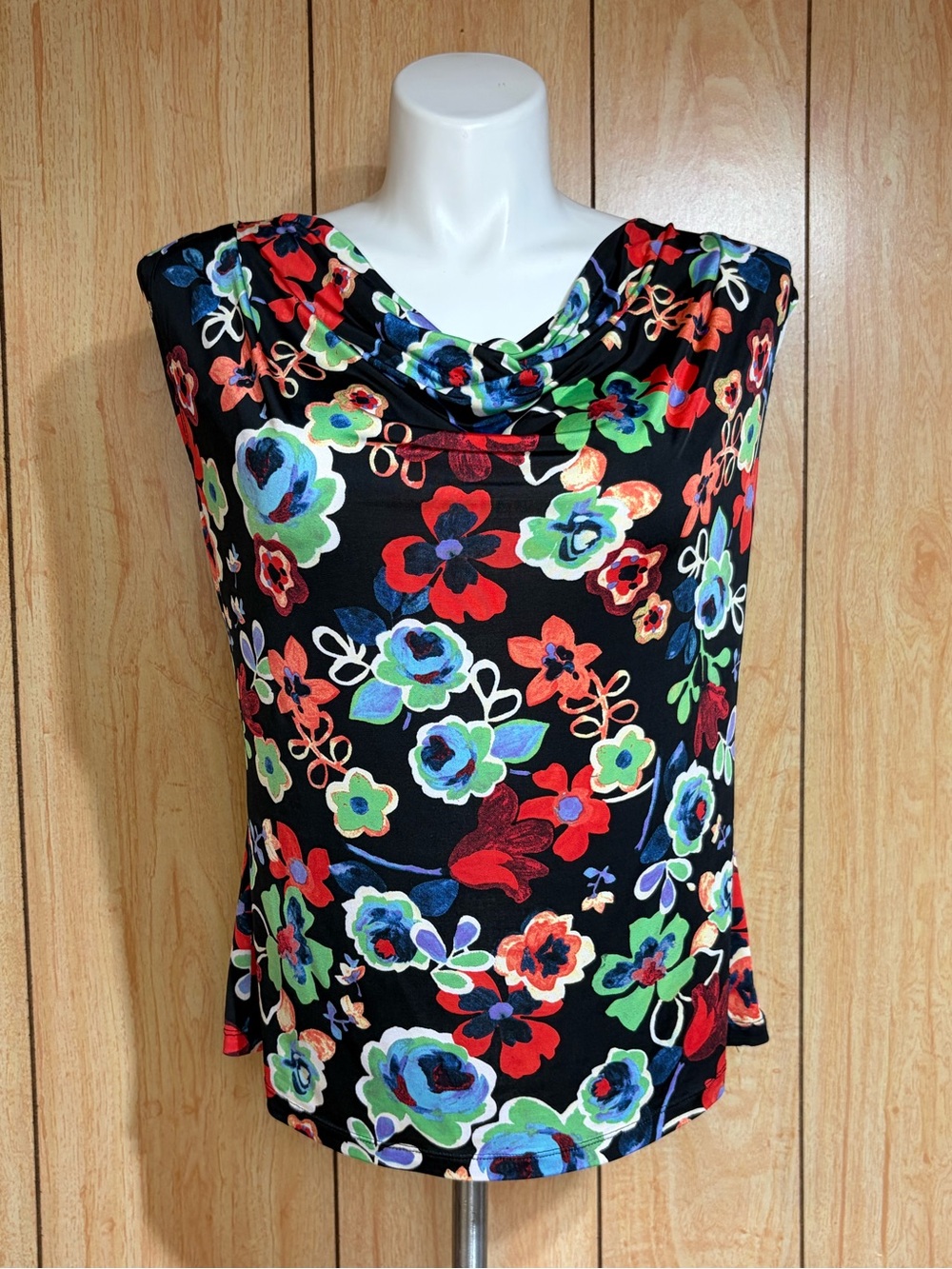 Jennie & Marlis Black Multicolored Print Cowl Neck Blouse SZ - L